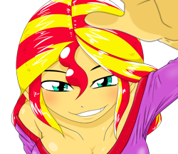 Size: 1280x1108 | Tagged: safe, artist:batipin, character:sunset shimmer, species:eqg human, g4, bust, grin, head pat, leaning forward, pajamas, simple background, smug, transparent background