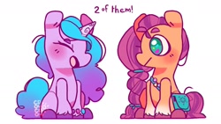 Size: 2000x1125 | Tagged: safe, artist:cocopudu, character:izzy moonbow, character:sunny starscout, species:pony, species:unicorn, g5, bag, braid, coat markings, gradient hair, izzybetes, sitting, socks (coat marking), sunnybetes, unshorn fetlocks