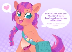 Size: 2235x1634 | Tagged: safe, artist:adostume, character:sunny starscout, species:earth pony, species:pony, g5, abstract background, bag, blushing, braid, coat markings, dialogue, happy, purple background, raised hoof, socks (coat marking), solo, speech bubble, sunnybetes, talking to viewer, unshorn fetlocks