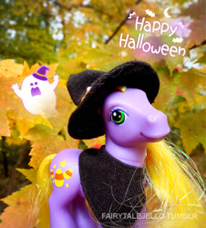 Size: 840x930 | Tagged: safe, photographer:fairytalejello, character:abra-ca-dabra, species:earth pony, species:pony, g3, cloak, clothing, female, halloween, hat, irl, photo, solo, toy