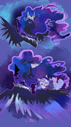 Size: 1000x1803 | Tagged: safe, artist:bunnari, character:nightmare moon, character:princess luna, oc, oc:princess astral odette tome, oc:princess spectra umbra nocturna, parent:nightmare moon, parent:twilight sparkle, parents:twimoon, species:alicorn, species:pony, g4, alternate universe, bad end, magical lesbian spawn, mother and daughter, offspring, sisters