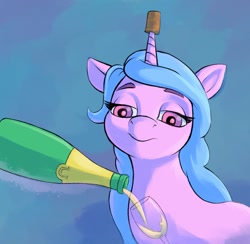 Size: 1027x1004 | Tagged: safe, artist:escapisttwi, character:izzy moonbow, species:pony, species:unicorn, g5, bust, champagne, champagne glass, childproof horn, cork, gradient hair, solo