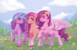 Size: 1280x837 | Tagged: safe, artist:anku, character:izzy moonbow, character:pipp petals, character:sunny starscout, species:earth pony, species:pegasus, species:pony, species:unicorn, g5, adorapipp, blank flank, blushing, bracelet, braid, chest fluff, circlet, coat markings, cute, gradient hair, pipp wings, socks (coat marking), spread wings, unshorn fetlocks, wings