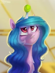 Size: 1913x2520 | Tagged: safe, artist:enderselyatdark, character:izzy moonbow, species:pony, species:unicorn, g5, bust, chest fluff, childproof horn, gradient hair, izzy's tennis ball, solo, tennis ball, that pony sure does love tennis balls