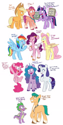 Size: 1600x3140 | Tagged: safe, artist:chub-wub, character:applejack, character:fluttershy, character:hitch trailblazer, character:pinkie pie, character:pipp petals, character:rainbow dash, character:rarity, character:spike, character:sunny starscout, character:twilight sparkle, character:twilight sparkle (alicorn), species:alicorn, species:dragon, species:earth pony, species:pegasus, species:pony, species:unicorn, g4, g5, blaze (coat marking), generation leap, izy, mane six, pipp wings, simple background, text, white background