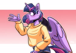 Size: 2048x1423 | Tagged: safe, artist:lrusu, character:twilight sparkle, character:twilight sparkle (alicorn), species:alicorn, species:anthro, species:pony, g4, blushing, clothing, ear piercing, earring, jewelry, piercing, shorts, simple background, solo, sweater