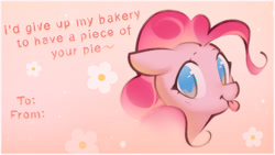 Size: 1942x1092 | Tagged: safe, artist:mirroredsea, character:pinkie pie, species:earth pony, species:pony, g4, blep, bust, solo, text, tongue out, valentine's day, valentine's day card