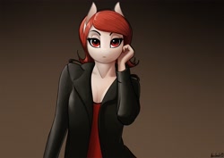 Size: 2828x2000 | Tagged: safe, artist:apocheck13, oc, oc only, species:anthro, species:earth pony, species:pony, g4, clothing, explicit source, female, jacket, looking at you, mare, nail polish, shirt, solo