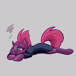 Size: 2048x2048 | Tagged: safe, artist:pfeffaroo, character:tempest shadow, species:pony, species:unicorn, g4, broken horn, depressed, leotard, lying down, simple background, solo