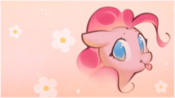 Size: 2142x1205 | Tagged: safe, alternate version, artist:mirroredsea, character:pinkie pie, species:earth pony, species:pony, g4, flower, looking at you, pink background, tongue out