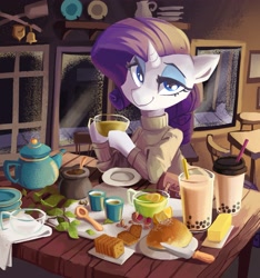 Size: 3601x3849 | Tagged: safe, artist:saxopi, character:rarity, species:anthro, g4, bread, bubble tea, butter, cafe, chair, clothing, crackers, cup, food, horn, knife, leaves, looking at you, plate, saucer, smiling, solo, spoon, straw, sweater, table, tea, teapot