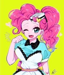 Size: 768x900 | Tagged: safe, artist:rai_mu_gi_, character:pinkie pie, species:human, episode:coinky-dink world, g4, my little pony: equestria girls, behaving like a cat, bust, fang, humanized, open mouth, server pinkie pie, simple background, smiling, solo, wink