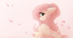 Size: 3000x1560 | Tagged: safe, artist:_whitenghost, artist:vird-gi, character:fluttershy, species:pegasus, species:pony, g4, collaboration, ear fluff, hairband, head turn, looking back, petals, soft color, solo
