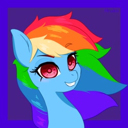 Size: 850x850 | Tagged: safe, artist:hrukii, character:rainbow dash, species:pegasus, species:pony, g4, bust, grin, simple background, smiling, solo