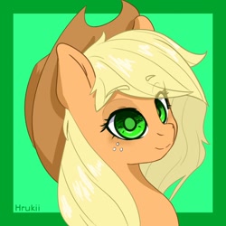 Size: 850x850 | Tagged: safe, artist:hrukii, character:applejack, species:earth pony, species:pony, g4, applejack's hat, bust, simple background, solo, stetson