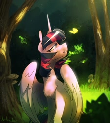 Size: 1440x1597 | Tagged: safe, artist:anticular, character:twilight sparkle, character:twilight sparkle (alicorn), species:alicorn, species:pony, g4, butterfly, complex background, forest, meadow, melancholy, sitting, solo, sunlight, tree