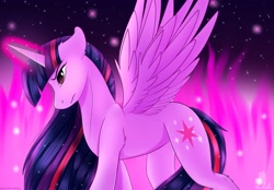 Size: 2996x2089 | Tagged: safe, artist:monsoonvisionz, character:twilight sparkle, character:twilight sparkle (alicorn), species:alicorn, species:pony, g4, determined, glowing horn, magic, solo, spread wings, wings