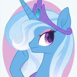 Size: 1024x1024 | Tagged: safe, artist:illumnious, character:trixie, species:alicorn, species:pony, g4, bust, mascara, raised hoof, simple background, solo, thinking, tiara