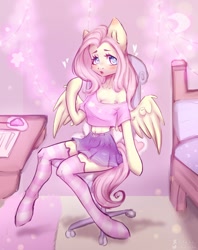 Size: 1582x2000 | Tagged: safe, artist:ka_zefir, character:fluttershy, species:anthro, species:unguligrade anthro, g4, bed, bedroom, chair, clothing, desk, raised hoof, rug, sitting, skirt, socks, solo, spread wings, top, wings