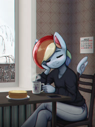 Size: 2071x2756 | Tagged: safe, artist:mrscroup, character:rainbow dash, species:anthro, species:pegasus, species:pony, g4, calendar, chair, coffee, cyrillic, eyes closed, female, floating wings, hand on cheek, mare, mug, pancakes, snow, solo, window, wings