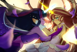 Size: 1280x864 | Tagged: safe, artist:hanasakiyunarin, character:daydream shimmer, character:midnight sparkle, character:sunset shimmer, character:twilight sparkle, species:eqg human, ship:midnightdaydream, ship:sunsetsparkle, g4, daydream shimmer, embrace, looking at each other, magic horn, magic wings, midnight sparkle