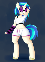 Size: 1600x2200 | Tagged: safe, artist:biocrine, character:dj pon-3, character:vinyl scratch, species:anthro, species:unguligrade anthro, g4, arm warmers, shorts, simple background, solo, top