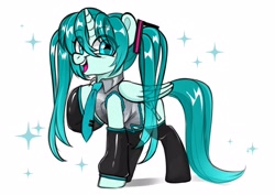 Size: 3507x2481 | Tagged: safe, artist:techycutie, species:alicorn, species:pony, g4, clothing, hairband, hatsune miku, hoof on chest, leg warmers, necktie, ponified, shirt, simple background, solo, sparkles, twintails, white background