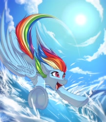 Size: 3553x4096 | Tagged: safe, artist:ask-colorsound, character:rainbow dash, species:pegasus, species:pony, g4, cloud, flying, outstretched arms, sky, solo, spread wings, sun, wings