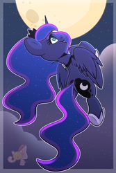 Size: 1365x2048 | Tagged: safe, artist:sakukitty, character:princess luna, species:alicorn, species:pony, g4, cloud, flying, looking up, moon, solo, watermark