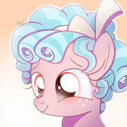 Size: 1024x1024 | Tagged: safe, artist:nnaly, character:cozy glow, species:pegasus, species:pony, g4, bust, gradient background, signature, simple background, smiling, solo, three quarter view