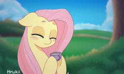 Size: 2000x1200 | Tagged: safe, artist:hrukii, character:fluttershy, species:pegasus, species:pony, g4, bust, cup, eyes closed, grass, hoof hold, meadow, sitting, sky, smiling, solo, tea, tree
