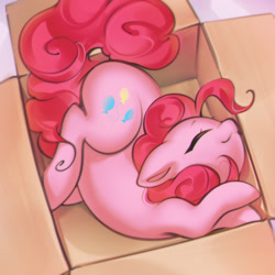 Size: 2171x2171 | Tagged: safe, artist:mirroredsea, character:pinkie pie, species:earth pony, species:pony, g4, box, cute, diapinkes, eyes closed, pony in a box, sleeping, smiling, solo