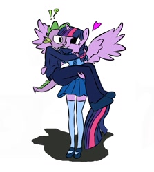 Size: 913x1024 | Tagged: safe, anonymous artist, character:spike, character:twilight sparkle, character:twilight sparkle (alicorn), species:alicorn, species:anthro, species:dragon, species:pony, ship:twispike, g4, bridal carry, clothing, cute, female, heart, mare, mary janes, school uniform, simple background, skirt, surprised, white background