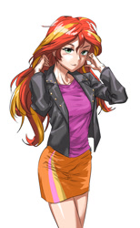Size: 740x1200 | Tagged: safe, artist:invisibleone11, character:sunset shimmer, species:human, g4, equestria girls outfit, humanized, leather jacket, simple background, solo, tube skirt, white background