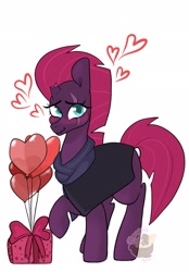 Size: 1423x2048 | Tagged: safe, artist:pineappleartz, character:tempest shadow, species:pony, species:unicorn, g4, balloon, broken horn, gift, heart, present, simple background, solo, white background