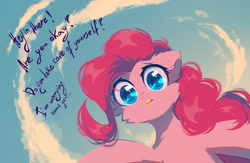 Size: 2000x1300 | Tagged: safe, artist:mirtash, character:pinkie pie, species:earth pony, species:pony, g4, breaking the fourth wall, cheek fluff, cloud, looking at you, open mouth, sky, solo, talking to viewer, worried