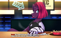 Size: 1600x1000 | Tagged: safe, artist:shadowreindeer, character:tempest shadow, species:anthro, species:pony, species:unicorn, g4, armor, broken horn, complex background, crossover, cyberpunk, fries, looking at you, looking sideways, police, short hair, sitting, solo, text