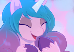 Size: 1280x900 | Tagged: safe, artist:ladyenfield, character:izzy moonbow, species:pony, species:unicorn, g5, bust, cute, gradient hair, izzybetes, laughing, solo, unshorn fetlocks