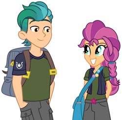 Size: 1024x1009 | Tagged: safe, artist:emeraldblast63, character:hitch trailblazer, character:sunny starscout, species:eqg human, g5, backpack, bag, braid, generation leap