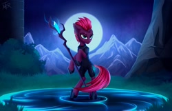 Size: 2644x1704 | Tagged: safe, artist:xanter49447572, character:tempest shadow, species:pony, species:unicorn, g4, armor, broken horn, eye scar, full moon, moon, mountain, night, staff of sacanas