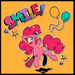Size: 950x950 | Tagged: safe, alternate version, artist:yanana_ua, character:pinkie pie, species:earth pony, species:pony, g4, balloon, chibi, cute, simple background, smiling, starry eyes, stars, text