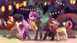 Size: 2703x1500 | Tagged: safe, artist:28gooddays, character:autumn blaze, character:princess cadance, character:queen chrysalis, species:alicorn, species:changeling, species:kirin, species:phoenix, species:pony, g4, fangs, lantern, night, rope bridge, treehouse