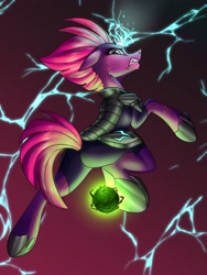 Size: 3000x4000 | Tagged: safe, artist:faline-art, character:tempest shadow, species:pony, species:unicorn, g4, armor, broken horn, kicking, lightning, looking back, magic, scar