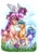 Size: 2896x4096 | Tagged: safe, artist:lupiarts, character:hitch trailblazer, character:izzy moonbow, character:pipp petals, character:sunny starscout, species:earth pony, species:pegasus, species:pony, species:unicorn, g5, bandolier, blaze (coat marking), braid, chest fluff, childproof horn, cutie mark, flying, gradient hair, pipp wings, socks, spread wings, tennis ball, unshorn fetlocks, wings