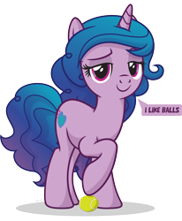 Size: 2886x3507 | Tagged: safe, artist:le-23, character:izzy moonbow, species:pony, species:unicorn, g5, cutie mark, dialogue, gradient hair, simple background, smug, solo, speech bubble, tennis ball, transparent background