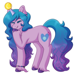 Size: 1280x1263 | Tagged: safe, artist:axototlduck, character:izzy moonbow, species:pony, species:unicorn, g5, bracelet, childproof horn, cutie mark, ear fluff, gradient hair, hoof on chin, laughing, simple background, solo, tennis ball, transparent background, unshorn fetlocks