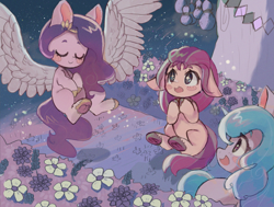 Size: 5617x4239 | Tagged: safe, artist:choyamy, character:izzy moonbow, character:pipp petals, character:sunny starscout, species:earth pony, species:pegasus, species:pony, species:unicorn, g5, adorapipp, blank flank, chibi, cute, flying, gradient hair, pipp wings, spread wings, sunnybetes, unshorn fetlocks, wings
