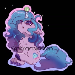 Size: 1440x1440 | Tagged: safe, artist:paranoidsiren, character:izzy moonbow, species:pony, species:unicorn, g5, chest fluff, chibi, childproof horn, ear fluff, gradient hair, izzybetes, looking up, sitting, solo, tennis ball, unshorn fetlocks