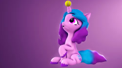 Size: 1920x1080 | Tagged: safe, artist:psfmer, character:izzy moonbow, species:pony, species:unicorn, g5, 3d, childproof horn, cutie mark, gradient hair, looking up, sitting, solo, source filmmaker, tennis ball, unshorn fetlocks