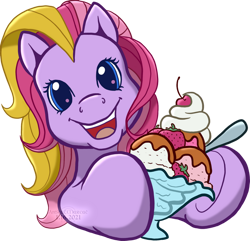 Size: 1024x986 | Tagged: safe, artist:anscathmarcach, character:triple treat, species:earth pony, species:pony, g3, bowl, cherry, chocolate syrup, commission, female, food, holding, hoof hold, ice cream, looking at you, mare, open mouth, simple background, smiling, solo, spoon, strawberry, sundae, transparent background, watermark
